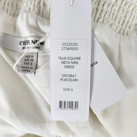 Ever New Puff Sleeve Ruffle Mini Dress Smocked Neckline Porcelain Ivory Size 6 - Picture 5 of 15